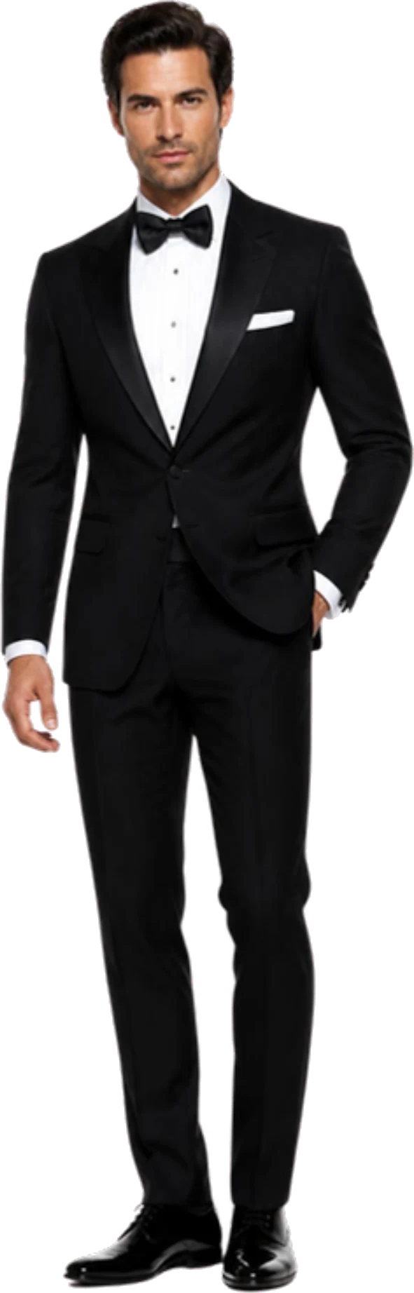 Hombre con smoking negro, camisa blanca, moño negro y pañuelo blanco
