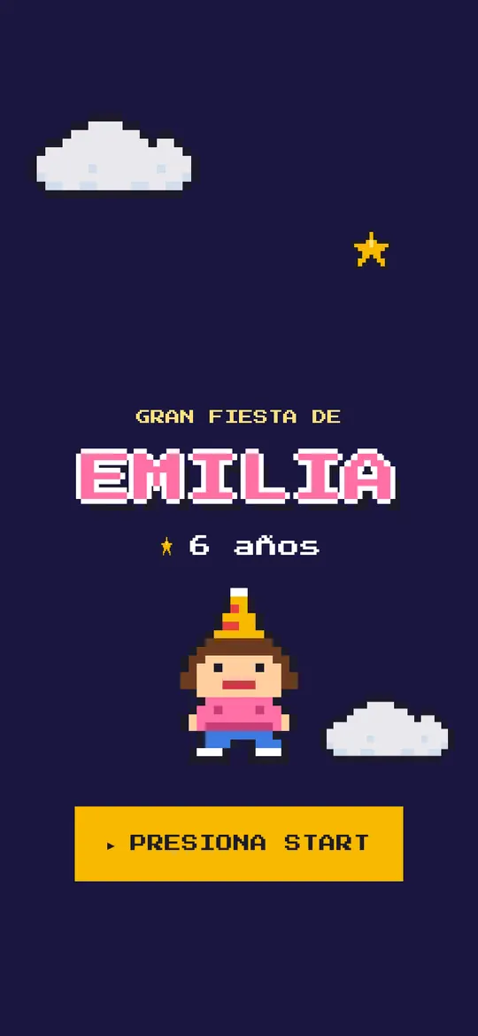 Demo de invitación digital de cumpleaños infantil con tema de videojuego retro abierta en un celular, en pixel art con el nombre Emilia