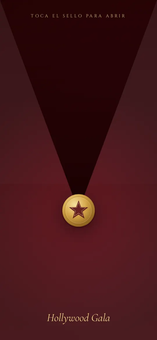 Demo de invitación digital para fiesta temática de Hollywood abierta en un celular, en vino y oro con reflectores y bola disco